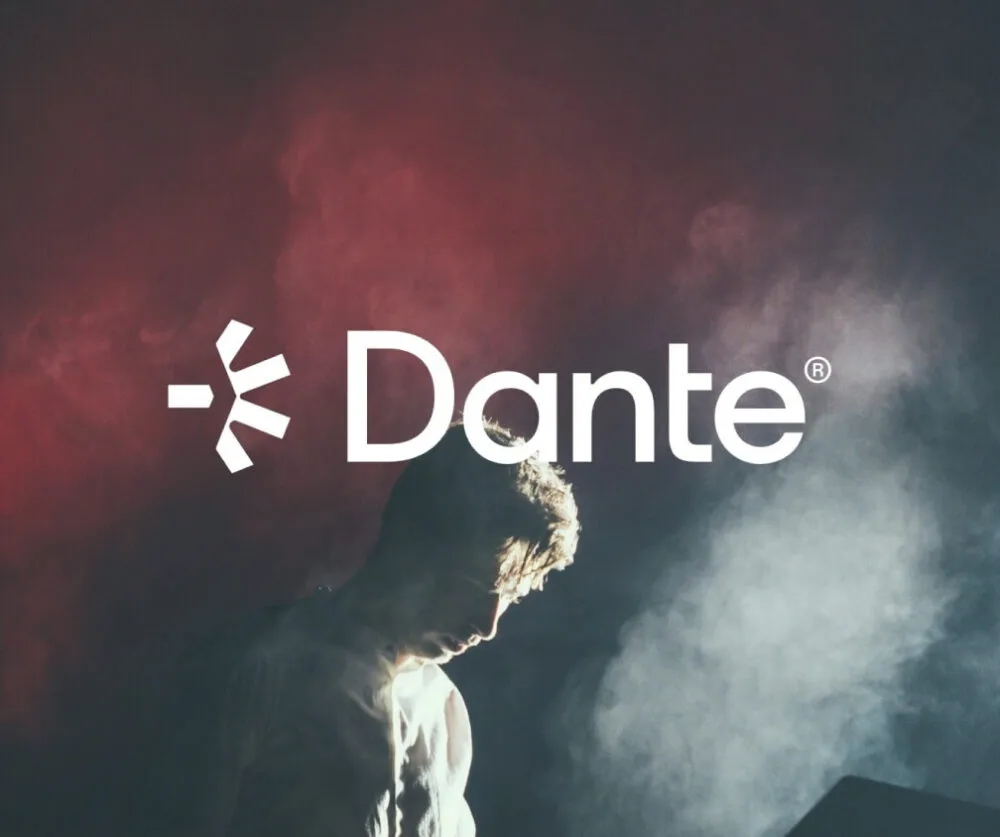 Rack of professional Dante-enabled audio network equipment